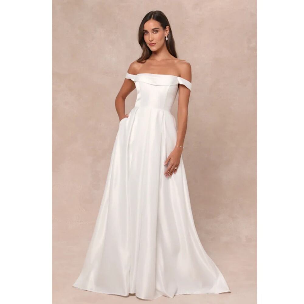 NWT Lulus Extraordinary Vow White Off The Shoulder Maxi Dress With Pockets Sz M‎